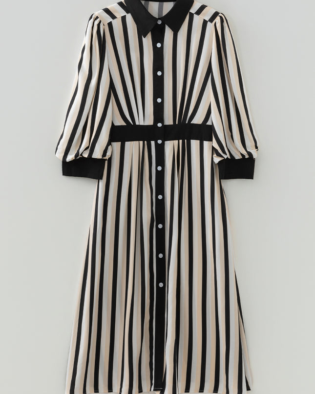 Black Stripe 3/4 Puff Sleeve Shirt Style Button Down Midi Dress
