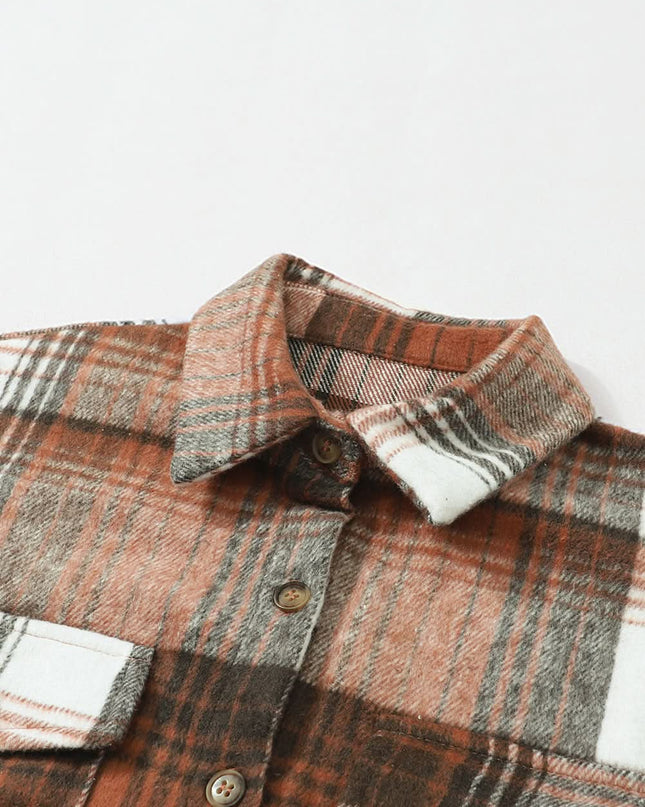 Gold Flame Grey Plaid Button Up Collared Flannel Shacket