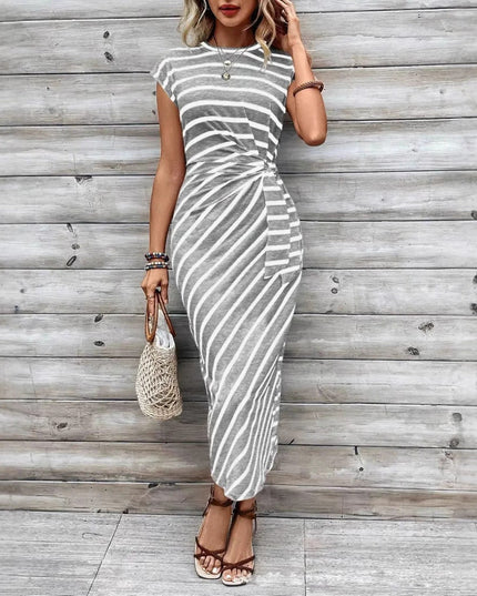 Elegant Waist Strap Striped Round Neck Short Sleeve And Long Pattern Dress