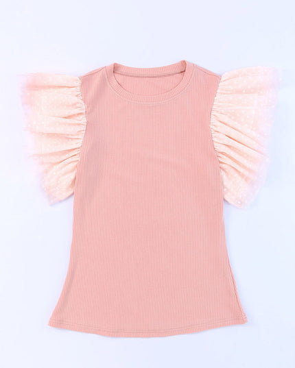 Pink Dotty Mesh Ruffle Sleeve Ribbed Knit Top