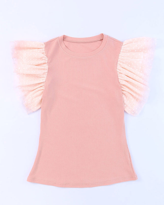 Pink Dotty Mesh Ruffle Sleeve Ribbed Knit Top