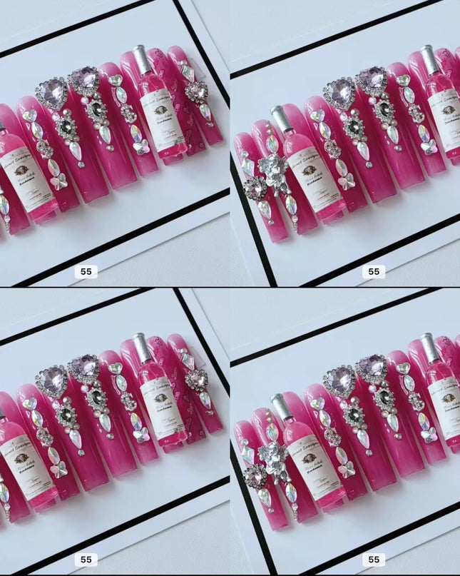 Pink acrylic press on nails with champagne