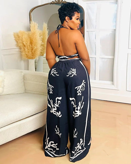 V-neck hanging neck wide leg pants set