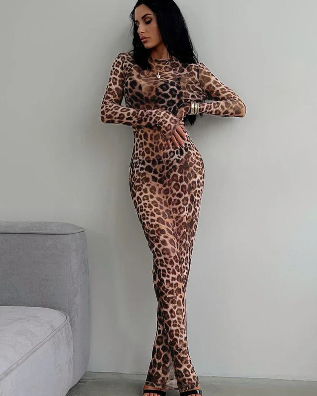 Leopard Print Mesh Maxi Dress: Sexy See-Through Long Sleeve Fall Fashion Women's Dress