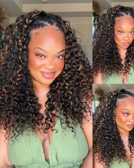 Highlight Brown Water Wave Drawstring Wig Invisible Hairline Drawstrings Wig junoda