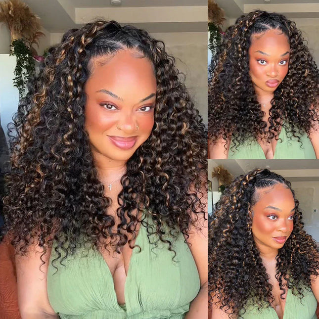 Highlight Brown Water Wave Drawstring Wig Invisible Hairline Drawstrings Wig junoda