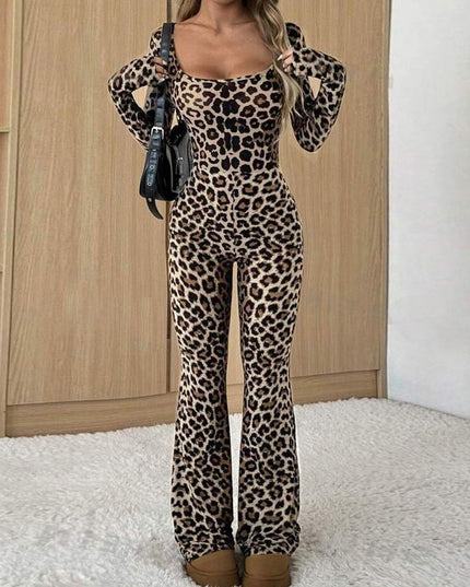 Women's Slim-fit Hip-wrapped Square Collar Leopard Print Jumpsuit
