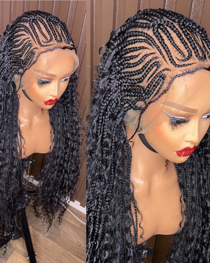 30 inch French braided boho braided wig with lace front and blend boho curls, natural hairline.