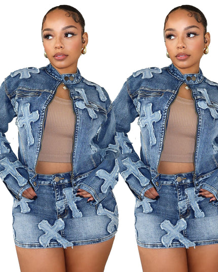 Denim Embroidered Short Skirt Jacket Suits Suit See size chart under “more details”