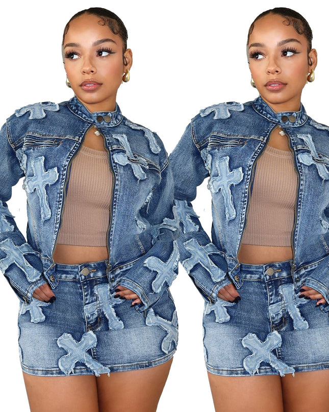 Denim Embroidered Short Skirt Jacket Suits Suit See size chart under “more details”
