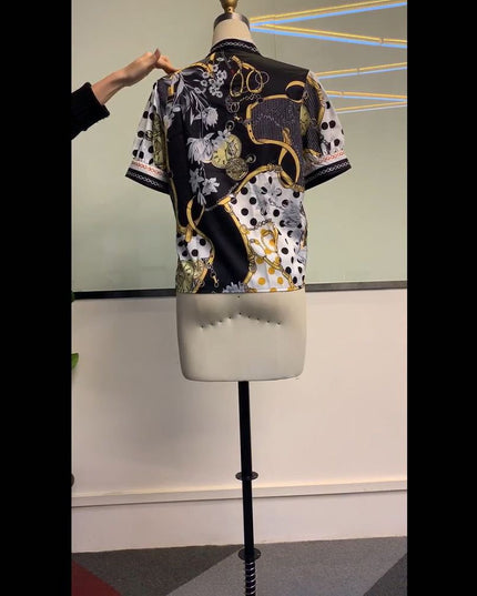 Printed chain shirt bow puff sleeve See size chart under “more details”