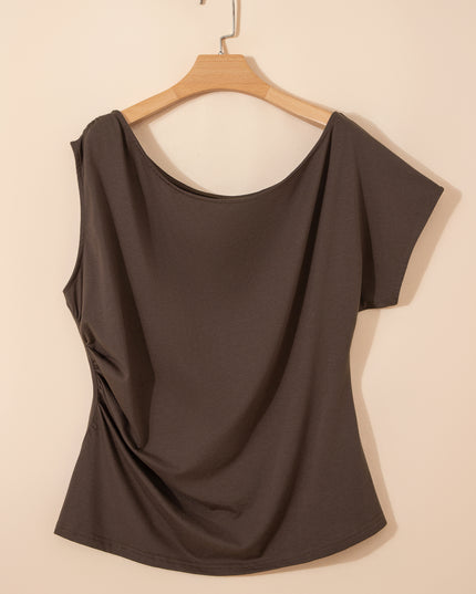 Coffee Plus Size Solid Color Asymmetric Neck Short Sleeve Blouse