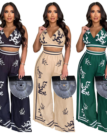 V-neck hanging neck wide leg pants set