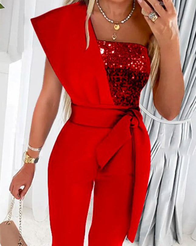 Fashionable SummerPrinted Solid Color Sleeveless Belted Jumpsuit with Beaded Embellishment, Fitted Patchwork Women's Clothing Get DreSsT with Elise LLC