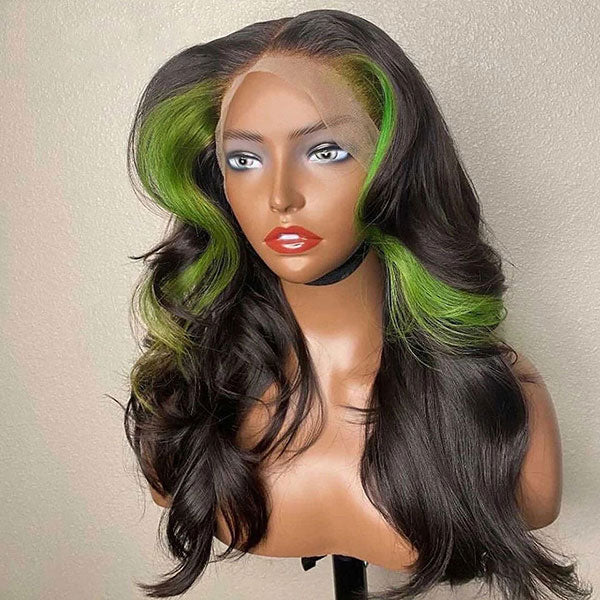 omgjackiee Recommend Color Green Skunk Stripe Hair Body Wave Human Hair Lace Front Wigs 180 Density junoda