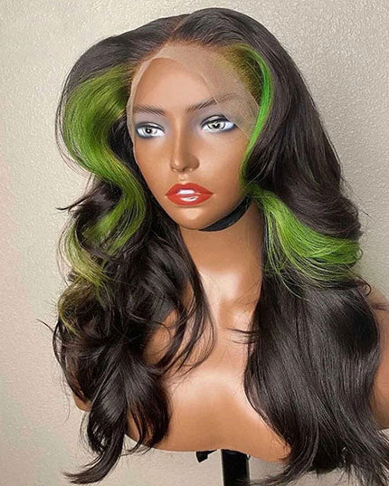 Color Green Skunk Stripe Hair Body Wave Human Hair 4x4 Lace Front Wigs Fast Shipping junoda