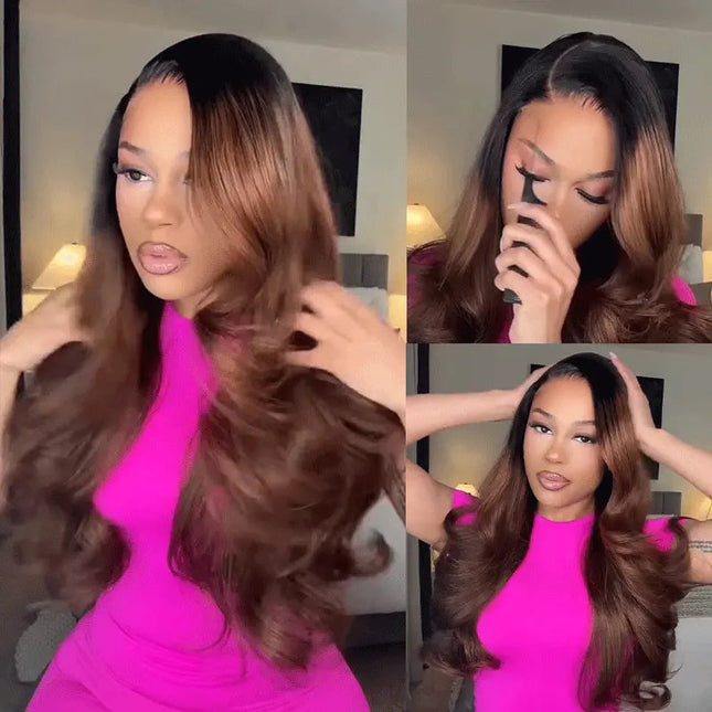 Ombre Brown With Dark Roots Loose Wave Layered Cut C-Side Part Glueless Wig 5x5 Pre-Cut Lace Human Hair Wig junoda