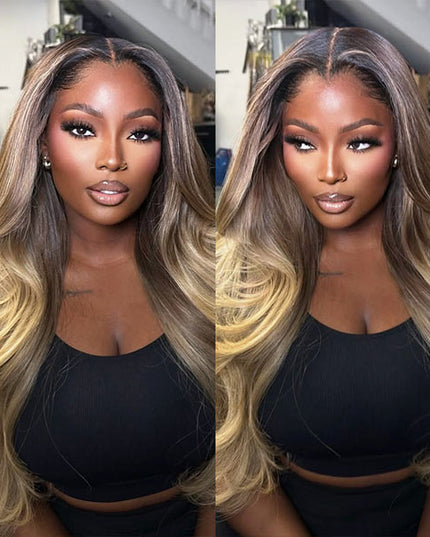 Ash Brown Ombre Blonde Colored Wear&Go Wigs Loose Body Transparent Lace Front Wig Human Hair junoda