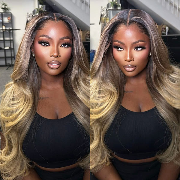 Ash Brown Ombre Blonde Colored Wear&Go Wigs Loose Body Transparent Lace Front Wig Human Hair junoda