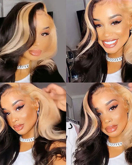 Junoda Caramel Honey Blonde Skunk Stripe Hair Body Wave Lace Front Wig TikTok junoda