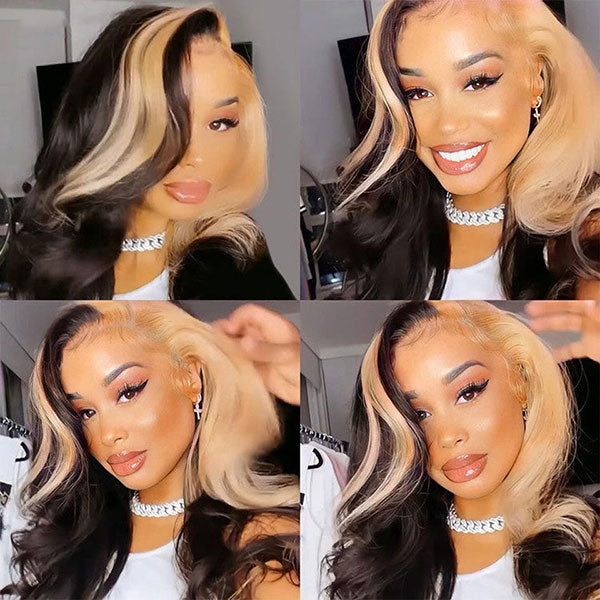 Junoda Caramel Honey Blonde Skunk Stripe Hair Body Wave Lace Front Wig TikTok junoda