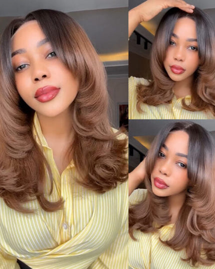 Butterfly Layered Cut Glueless 5×5 Lace Wig Ombre Brown Color Pre-Styled Human Hair Wig junoda