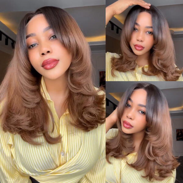 Butterfly Layered Cut Glueless 5×5 Lace Wig Ombre Brown Color Pre-Styled Human Hair Wig junoda