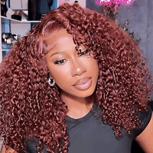 Colored Burmese Ready-to-Wear Lace Wig with Reddish Brown Premium Human Hair with Full Spiral junoda