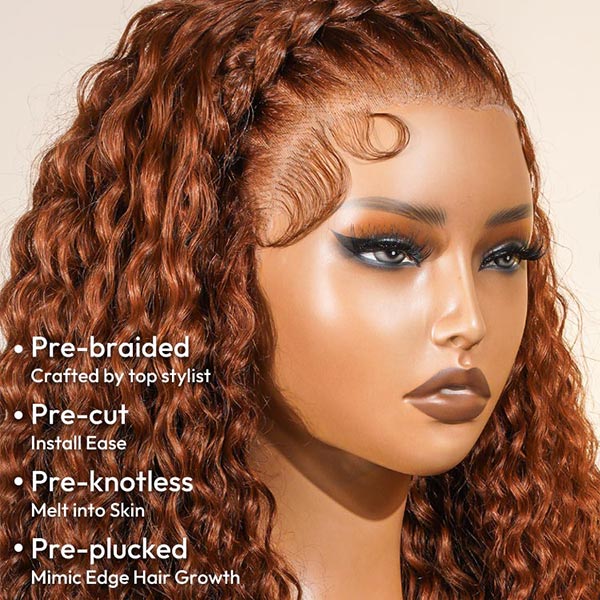 Pre-Braided Burnt Orange Stylist Wig Deep Wave 13x4 Lace Frontal Pre-plucked junoda