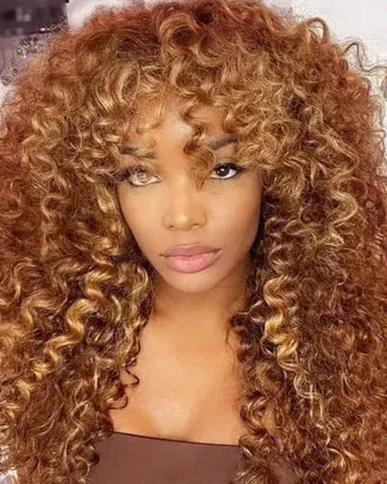 Junoda Highlight Brown Blonde Color Afro Kinky Curly Human Hair Wig with Bangs junoda