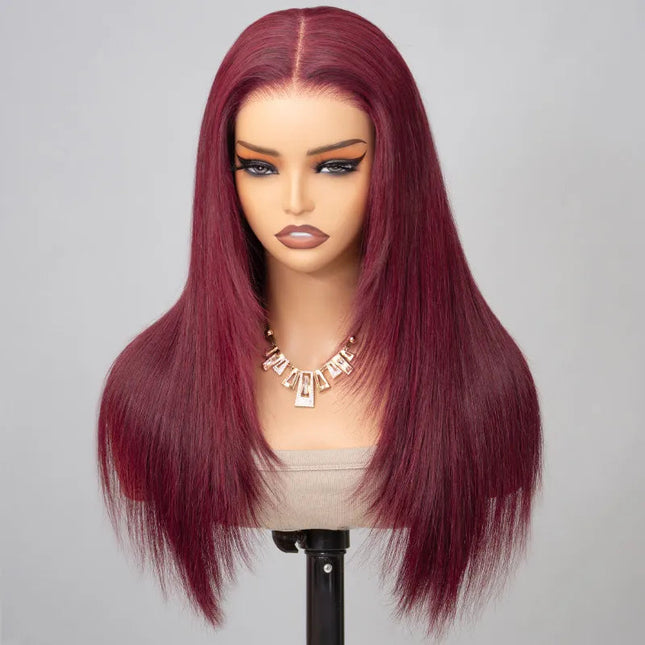 Layered Cut Straight Wig 99j Glueless Lace Human Hair Wig Salone Quality junoda