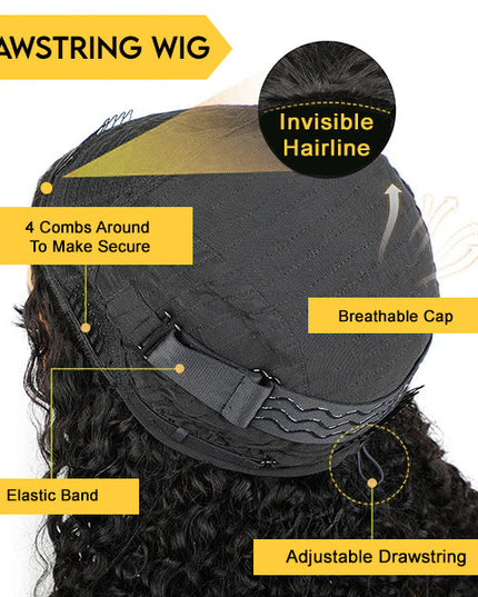 Drawstring Wig Water Wave Invisible Hairline Beginner Friendly junoda