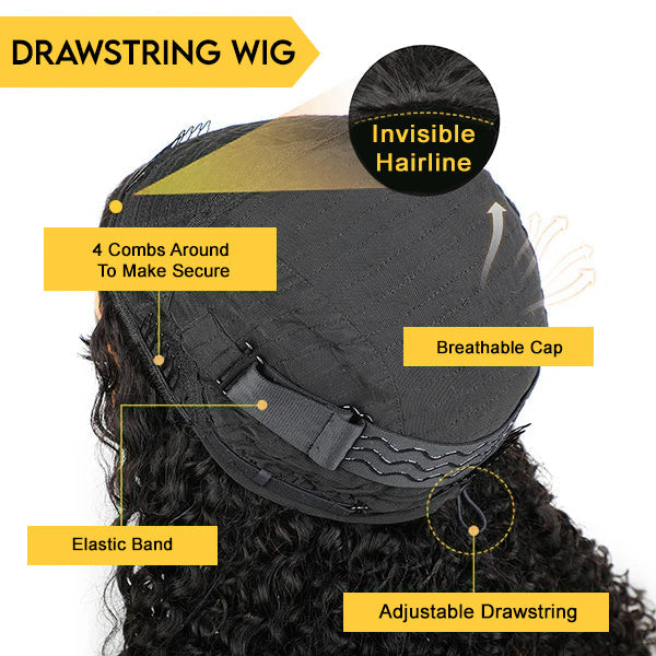 Invisible Hairline Drawstring Wig Kinky Straight Flip Over Wig For Beginner junoda