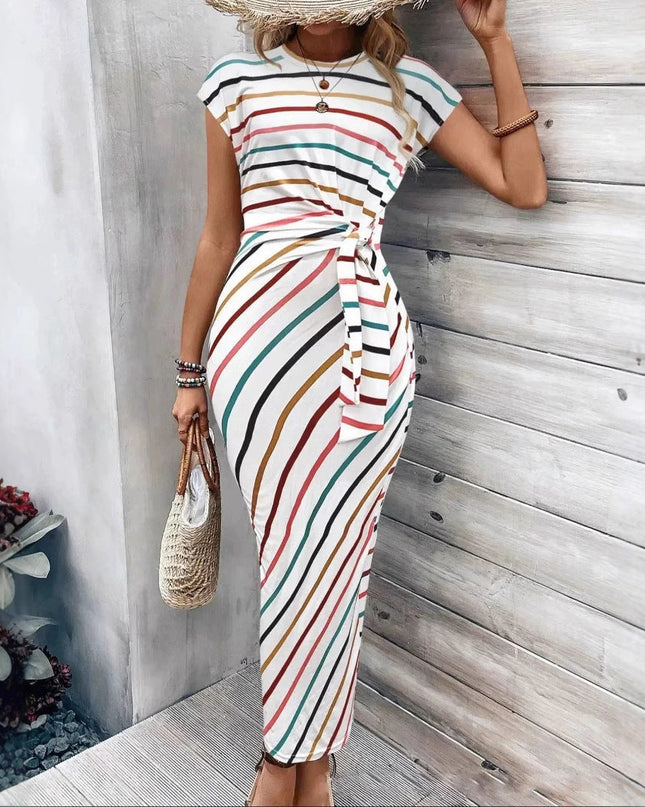 Elegant Waist Strap Striped Round Neck Short Sleeve And Long Pattern Dress