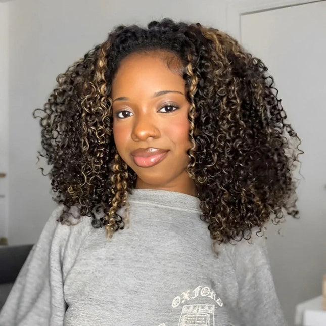 Highlight Brown Kinky Curly Drawstring Wig Draw-strings Flip Over Wig junoda