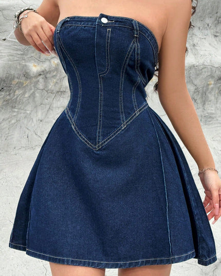 Women's Summer Off-shoulder Low Collar Sexy Fishbone Waist Tight Denim Dress Strapless Sexy Dress Trend Skinny Hipster Party Clubwear Y2K Bodycon