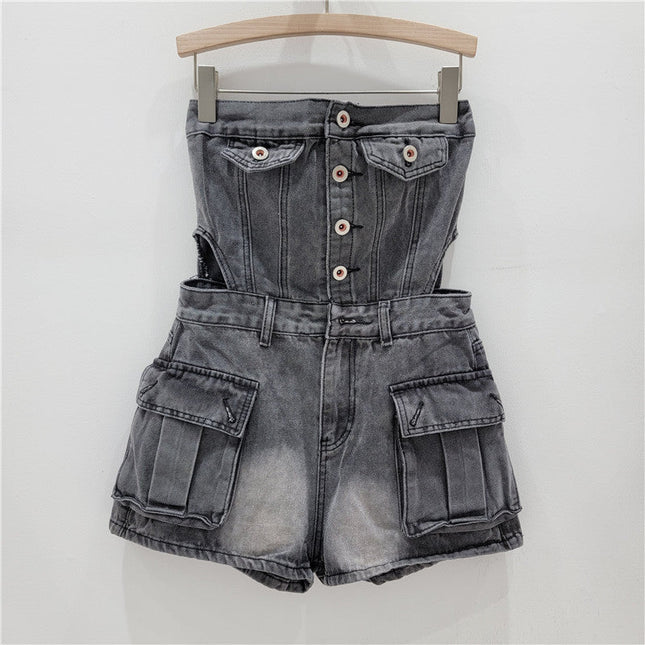 Hot Girl Breasted Hollow-out Midriff Tube Top Cowboy Siamese Shorts For Women