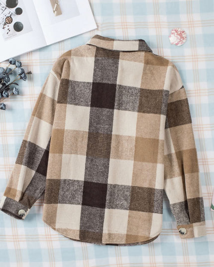 Khaki Plaid Color Block Shacket With Buttoned Pockets