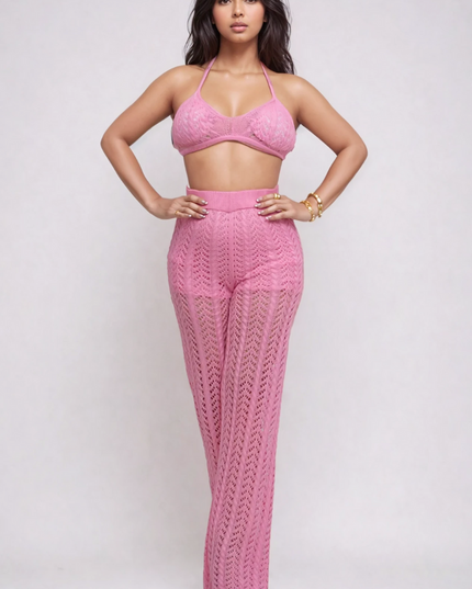 Pink Crochet Halter & Pant Set
