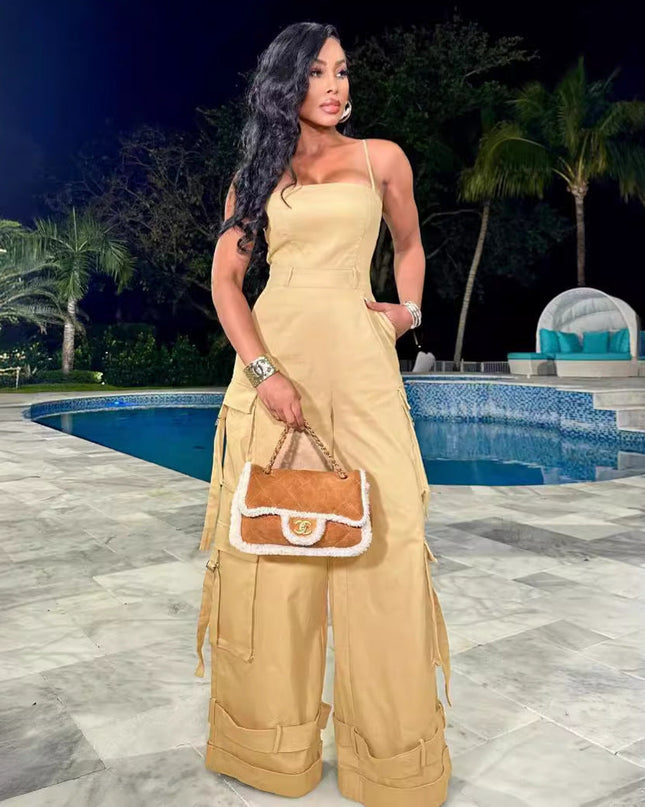 Tube Top Multi-pocket Cargo Wide Leg Jumpsuit