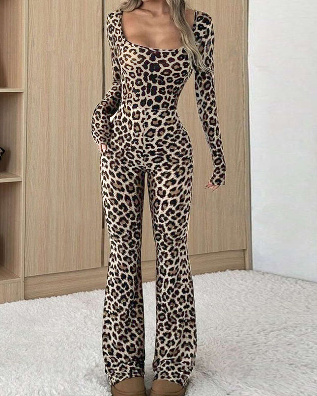 Women's Slim-fit Hip-wrapped Square Collar Leopard Print Jumpsuit