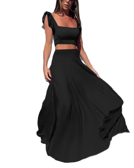 Solid color long skirt two-piece set