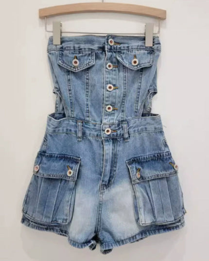 Hot Girl Breasted Hollow-out Midriff Tube Top Cowboy Siamese Shorts For Women