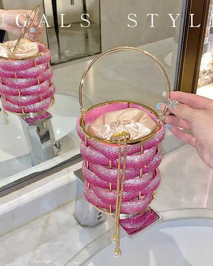 Woven Rhinestone Bucket Bag Woven Clutch Bags Women Boutique Multicolor Crystal Hollow Out Metal Purses And Handbags Wedding
