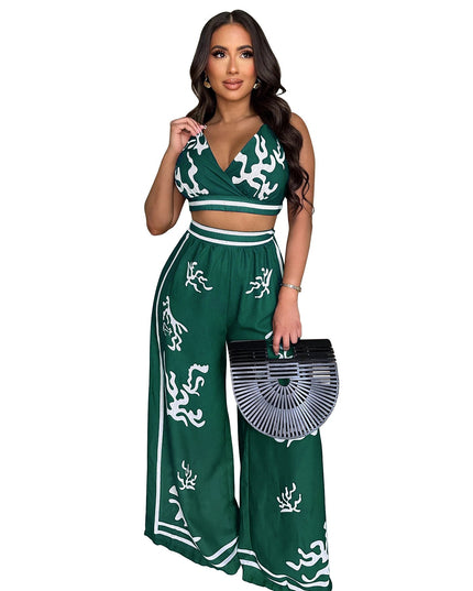 V-neck hanging neck wide leg pants set