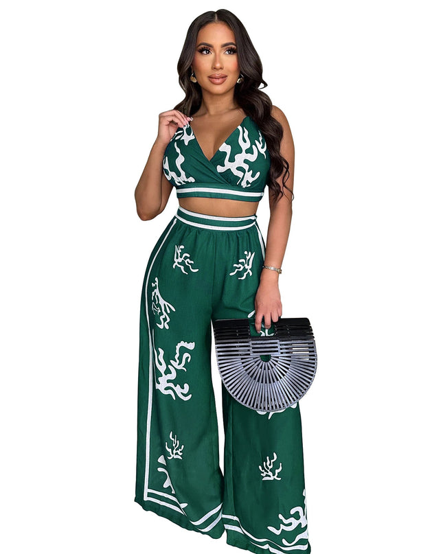 V-neck hanging neck wide leg pants set
