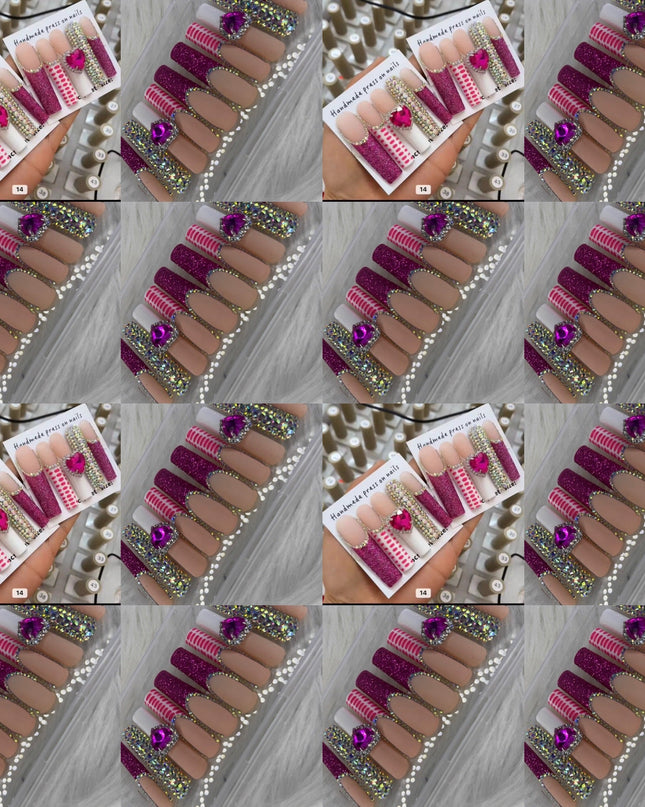 Pink long crystal press on nails