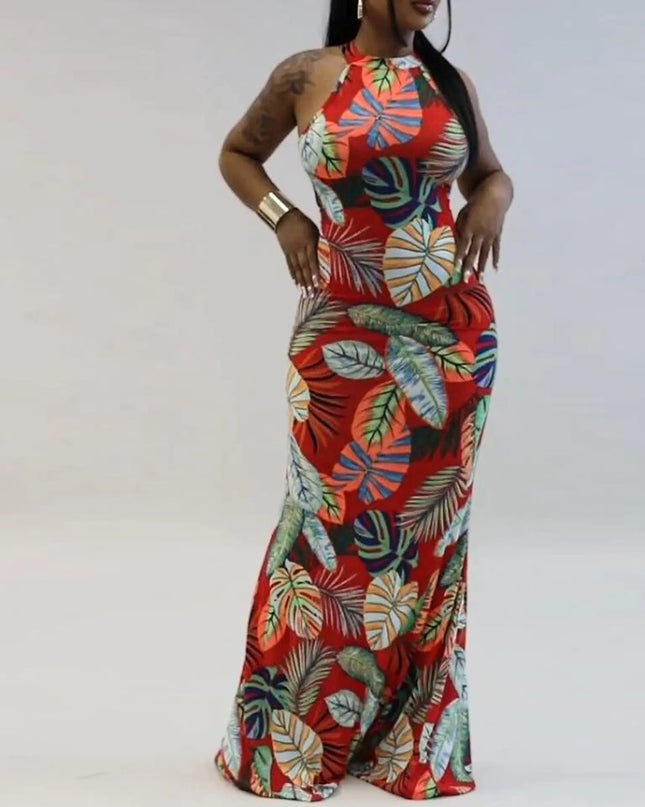 Women's Printed Sleeveless Round Neck Dress with Back Detail