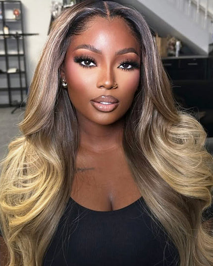 Ash Brown Ombre Blonde Colored Wear&Go Wigs Loose Body Transparent Lace Front Wig Human Hair junoda