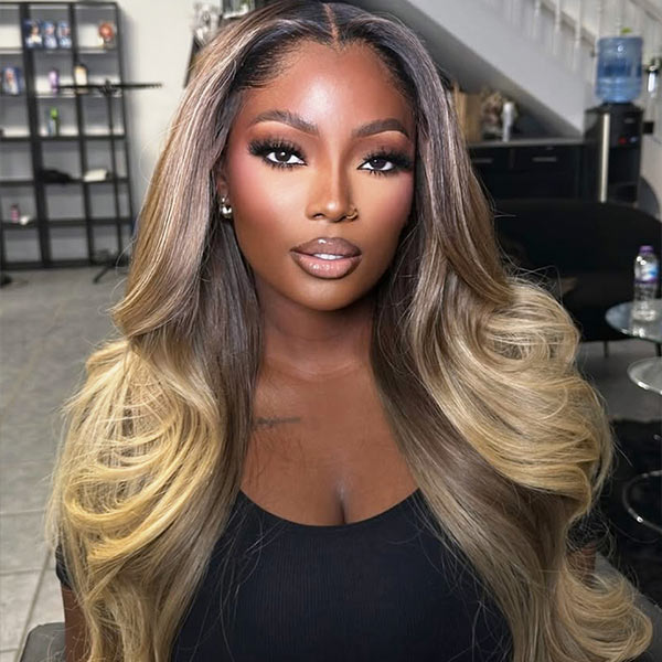Ash Brown Ombre Blonde Colored Wear&Go Wigs Loose Body Transparent Lace Front Wig Human Hair junoda